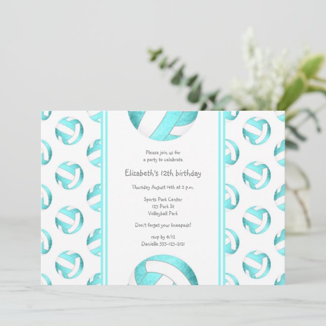 Invitation volleyballs turquoise motif filles anniversaire (Debout devant)