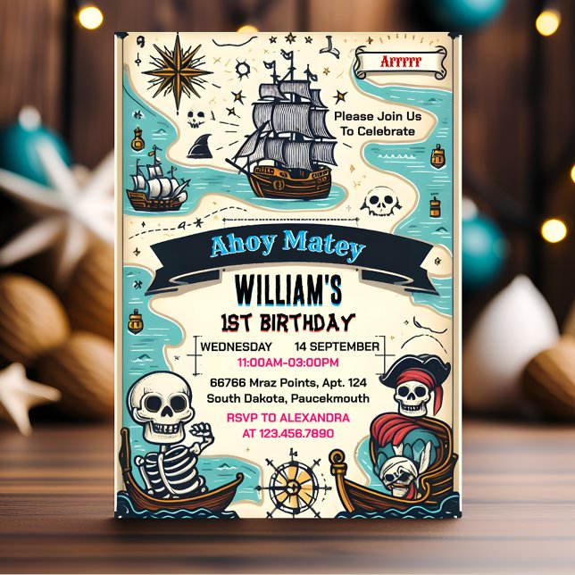 Invitation Votre Cool Enfants Drapeau Bateau Pirate 1er anniv (Créateur téléchargé)