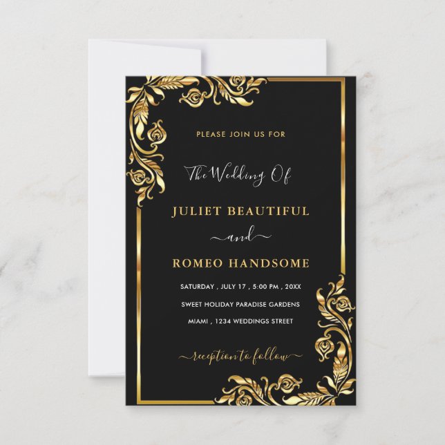Invitation Votre modèle d'invitation de mariage Black Gold (Devant)