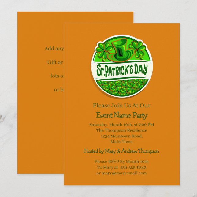 Invitation Votre nom Message Jour de la Saint Patrick Shamroc (Devant / Derrière)
