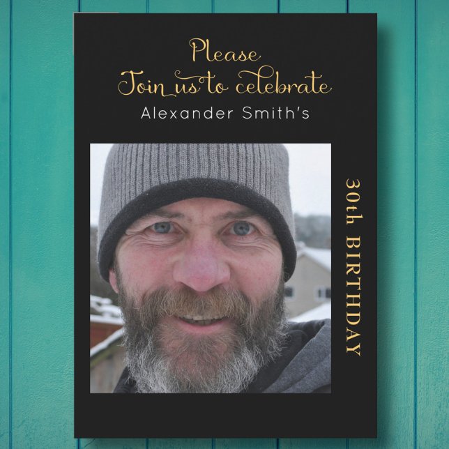 Invitation Votre Photo 30e anniversaire Noir et Or (Créateur téléchargé)