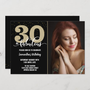 Invitation Votre Photo Black Gold 30 Fabuleux fête d'annivers