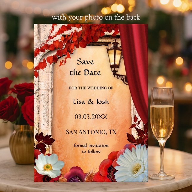 Invitation Votre photo Classic Floral Fall Enregistrer la car (Save the Date card featuring a classic Italian Mediterranean fall design with lantern and flowers)