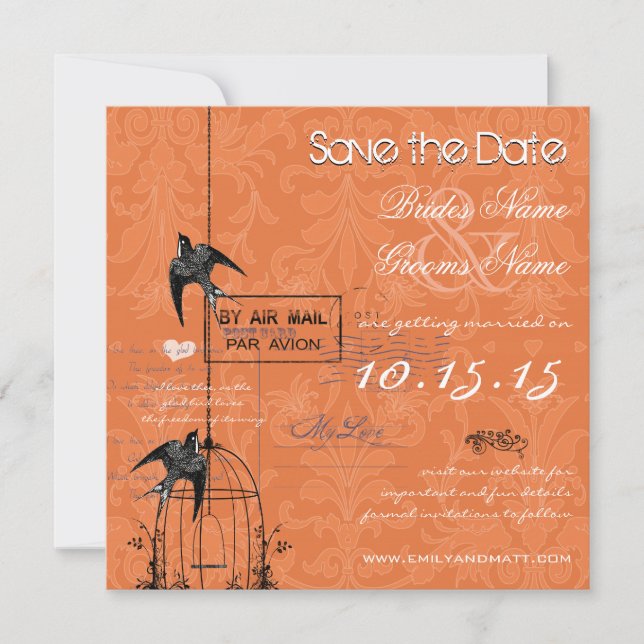 Invitation Votre photo Damask Bird Cage Wedding Enregistrer l (Devant)