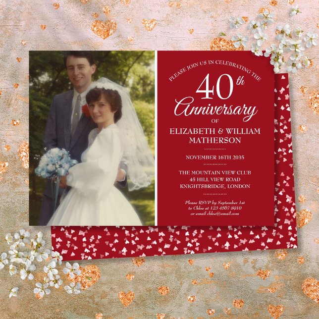 Invitation Votre photo de mariage 40e anniversaire de mariage (Your Wedding Photo 40th Anniversary Ruby Hearts Invitation)