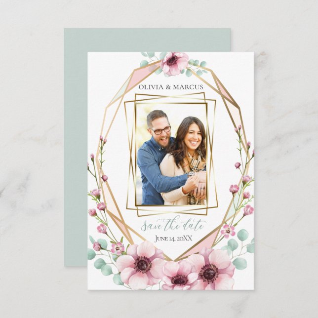 Invitation Votre Photo Fleurs d'anémones rose Eucalyptus (Devant / Derrière)