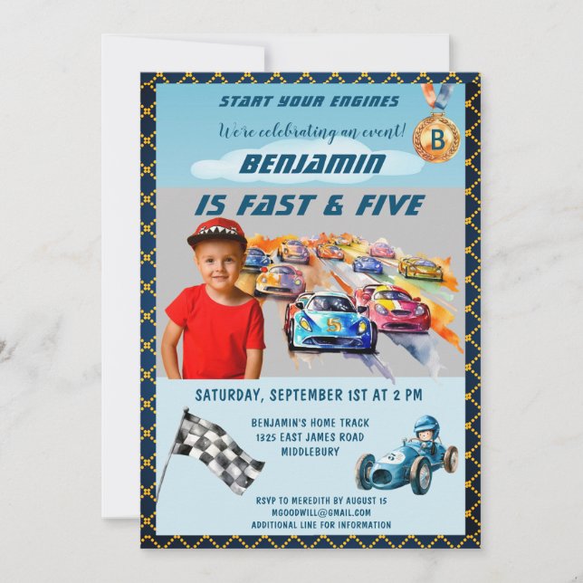 Invitation Votre Photo Garçon Thème de Course Automobile 5ème (Devant)