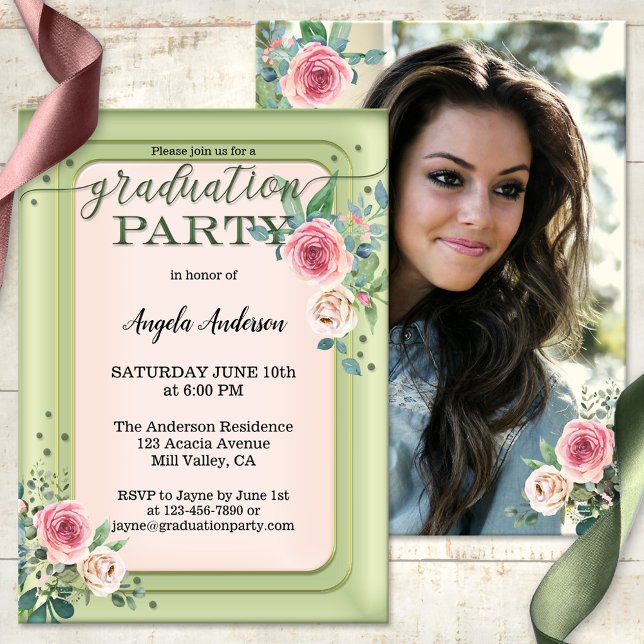 Invitation Votre Photo Girly Rose Script Graduation Invitatio (Elegant script graduation party invitation featuring your own photo with a watercolor rose)