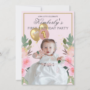Invitation Votre Photo Jolie en Rose Fille Personnalisée Prem