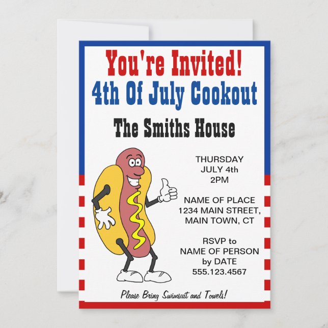 Invitation Vous êtes invité 4 juillet Caricature pour hot Dog (Devant)