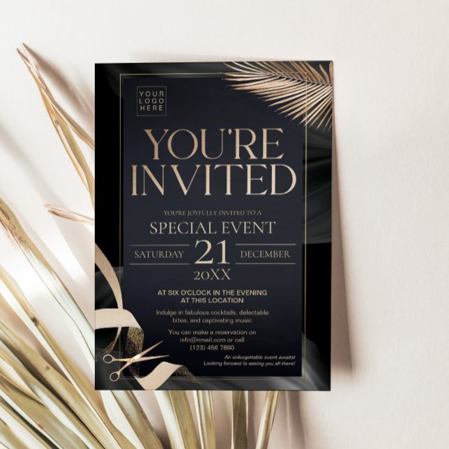 Invitation Vous êtes invité - Cérémonie d'inauguration Black  (You're Invited Black Gold Ribbon Cutting Corporate Invitation Card)