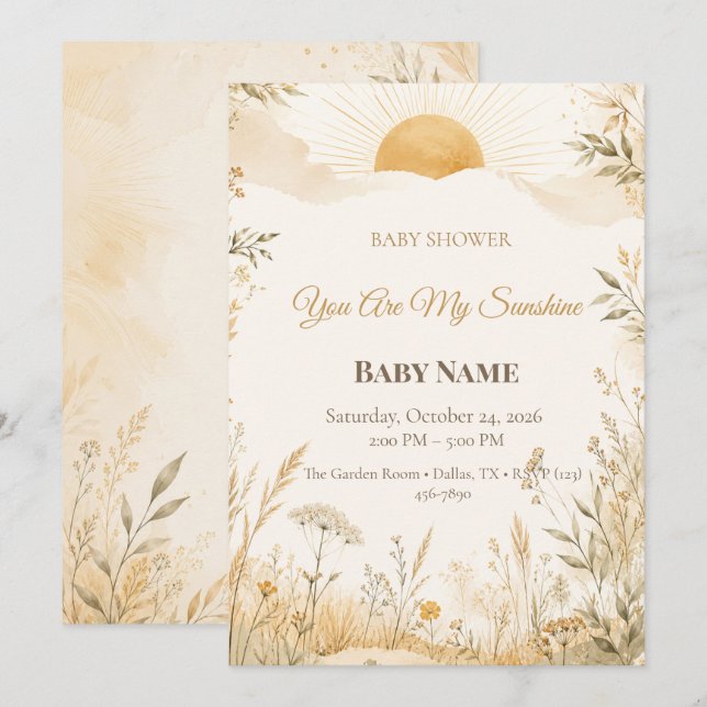 Invitation Vous êtes mon soleil Baby Shower  | Minimal Boho (Devant / Derrière)