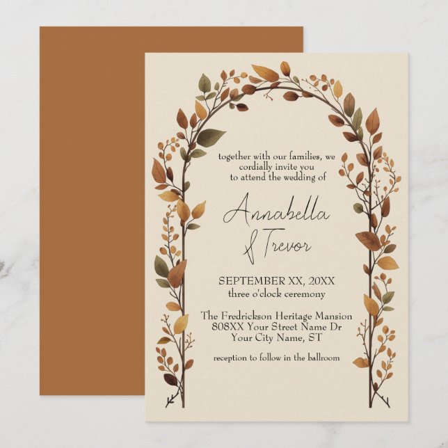 Invitation Voûte de feuilles d'automne Art de mariage de feui (Devant / Derrière)