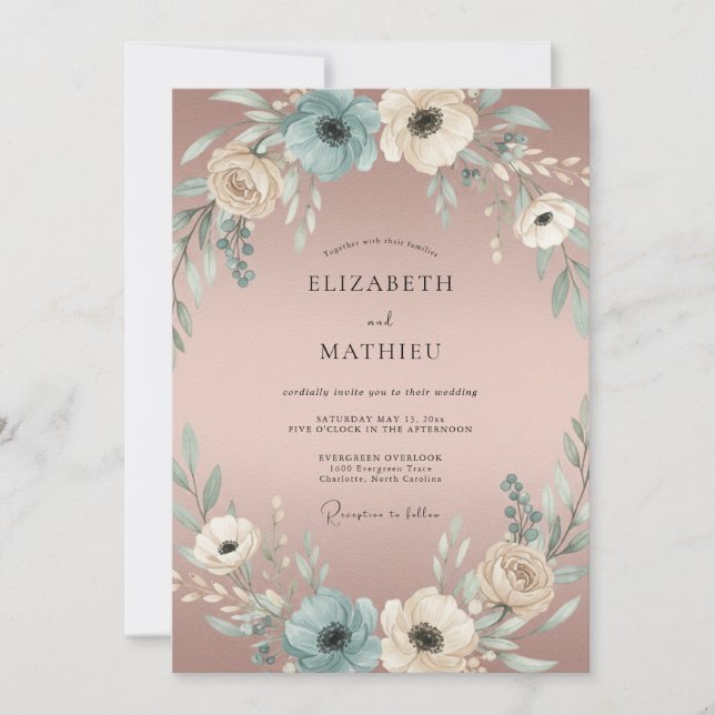 Invitation Voûte de mariage botanique à la crème de teal (Devant)