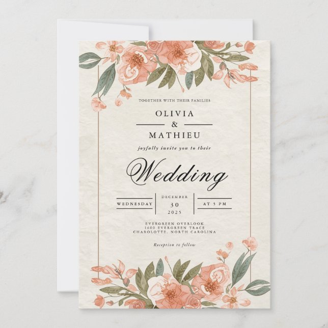 Invitation Voûte de mariage florale corail tendre (Devant)