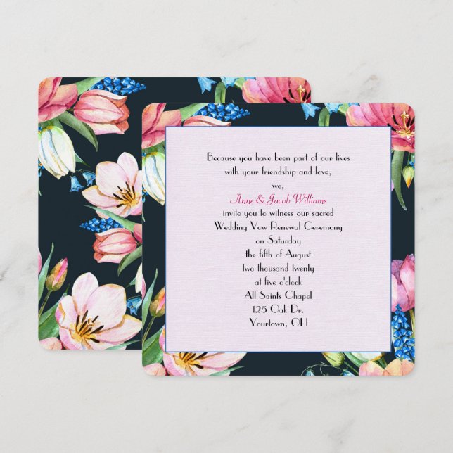 Invitation Vow mariage renouveau aquarelle floral sur noir (Devant / Derrière)