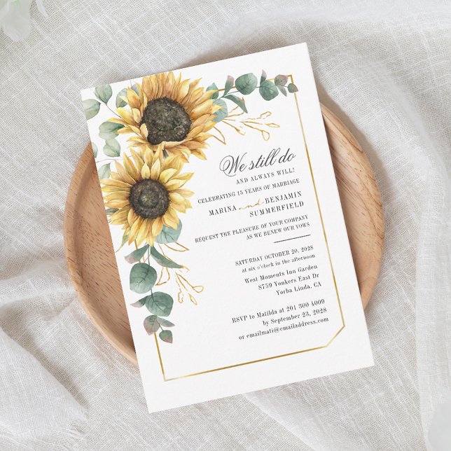 Invitation Vow Renewal Sunflower Eucalyptus Green Script (Watercolor Floral Sunflower Rustic Wedding Anniversary Invitation)