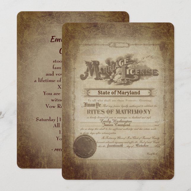 Invitation Vow Renewal Vintage Wedding Certificate  (Devant / Derrière)