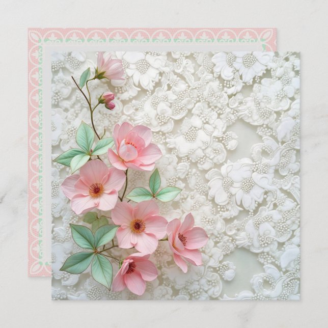 Invitation Vow Renouvellement Fleurs Roses Sur Dentelle Brida (Devant / Derrière)