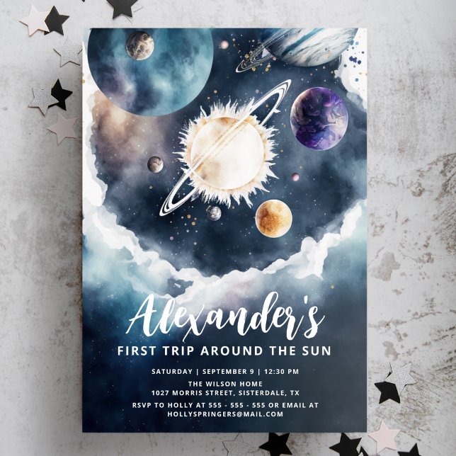Invitation Voyage autour du soleil Watercolor garçon 1er anni (Créateur téléchargé)
