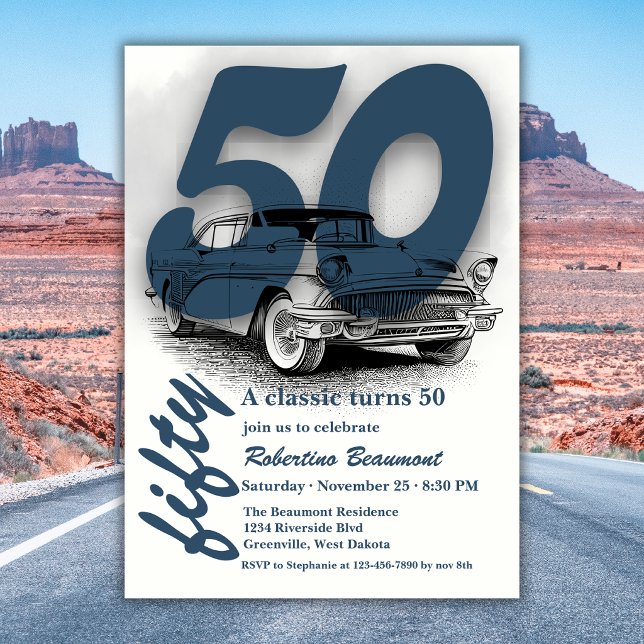 Invitation Voyage Blue Classic Car 50e Anniversaire (Créateur téléchargé)