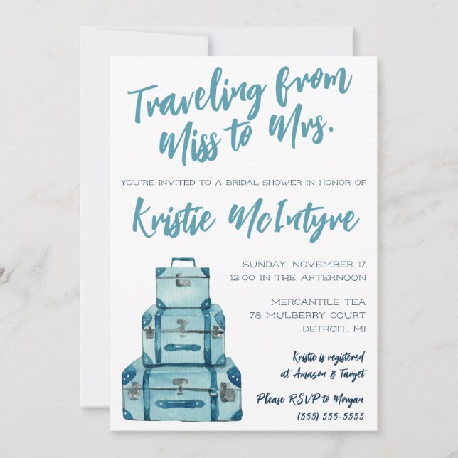 Invitation Voyage de Miss à Mrs. Bagage de mariage Blue (Devant)