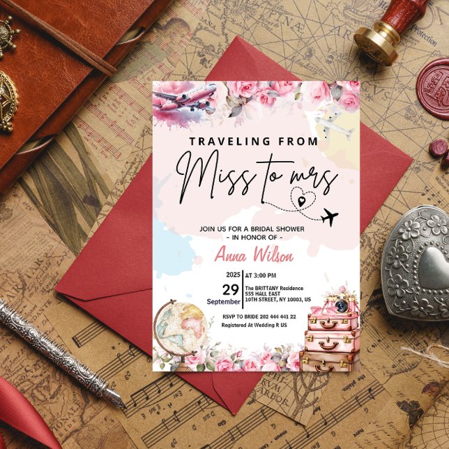 Invitation Voyage de Miss à Mrs Fête de Fiançailles Florale (traveling from miss to mrs bridal shower invitations love is a journey watercolor world map around )