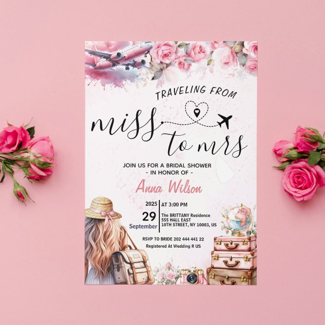 Invitation Voyage de Miss à Mrs Shower de Fiançailles (traveling from miss to mrs bridal shower invitations love is a journey around the world)