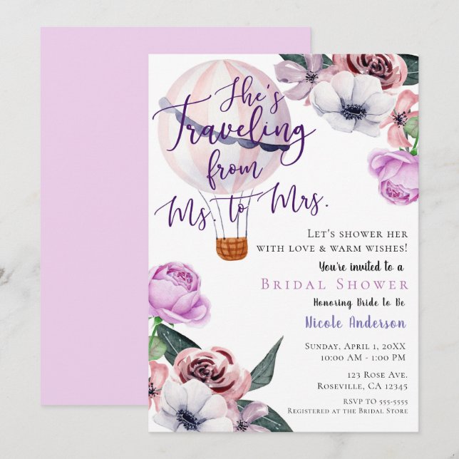 Invitation Voyage de Mlle à Mme Lavande de douche de mariage (Devant / Derrière)