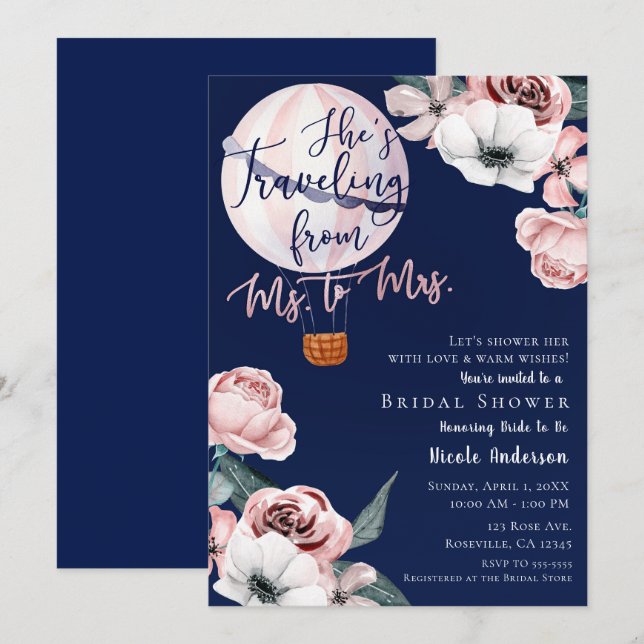 Invitation Voyage de Mlle à Mme Réception de Mariage Rose Ble (Devant / Derrière)