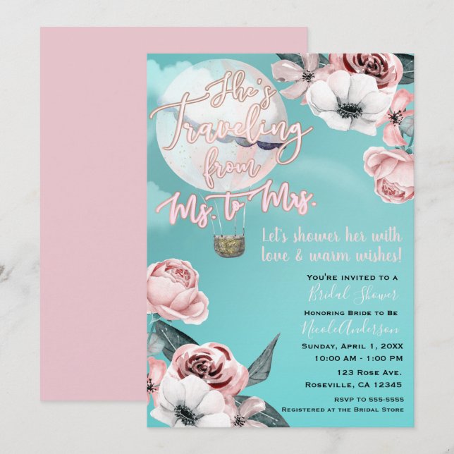 Invitation Voyage de Mlle à Mme Shower Nuptial Sarcelle Rose (Devant / Derrière)