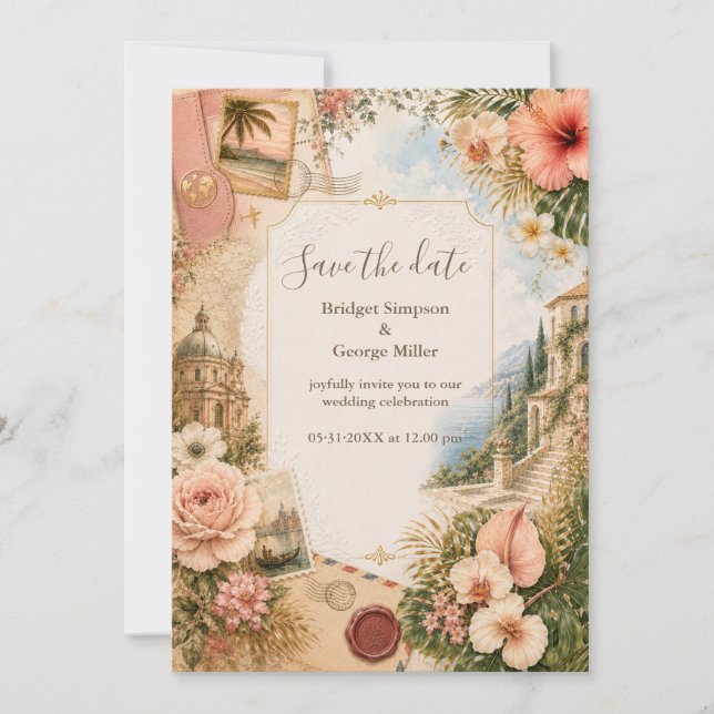 Invitation Voyage de noces tropical Luxe en rose doré (Devant)