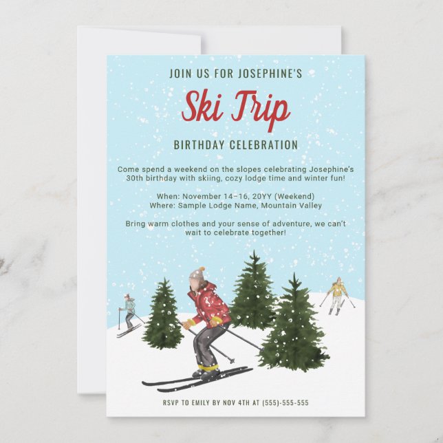 Invitation Voyage de ski d'hiver à l'aquarelle Fête d'anniver (Devant)