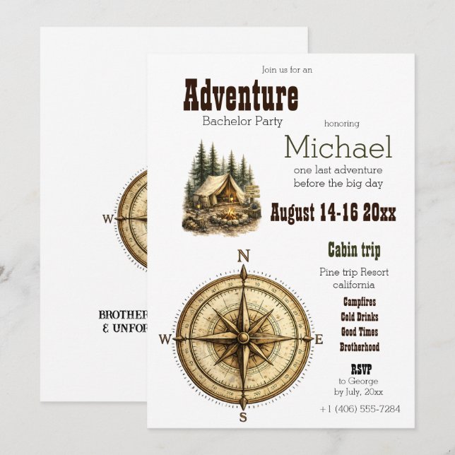 Invitation Voyage en cabane d'aventure Enterrement de vie de  (Devant / Derrière)