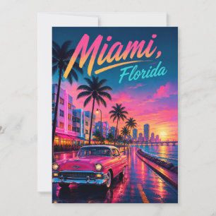 Invitation Voyage Miami Floride Rétro Néon Coucher de soleil