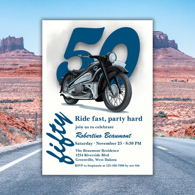 Invitation Voyage Moto Classique Conduite Rapide 50e Annivers (Créateur téléchargé)