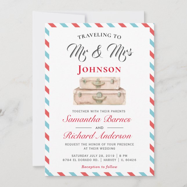 Invitation Voyager à M. et Mme Voyage Destination Mariage (Devant)