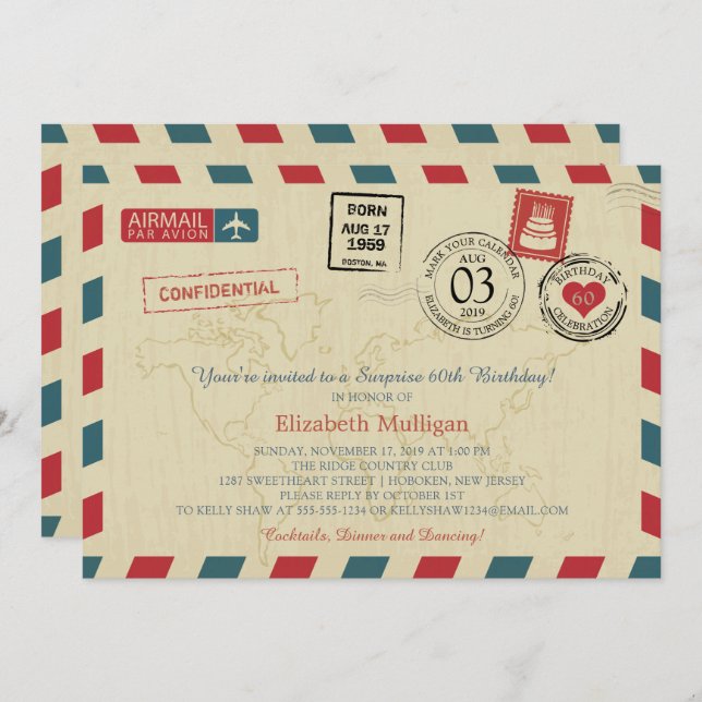 Invitation Voyageur vintage monde Airmail fête d'anniversaire (Devant / Derrière)