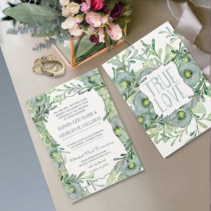 Invitation Vrai Aquarelle d'Amour Floral Bleu et Mariage vert