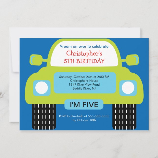 Invitation Vroom fête d'anniversaire de voiture pour des (Devant)