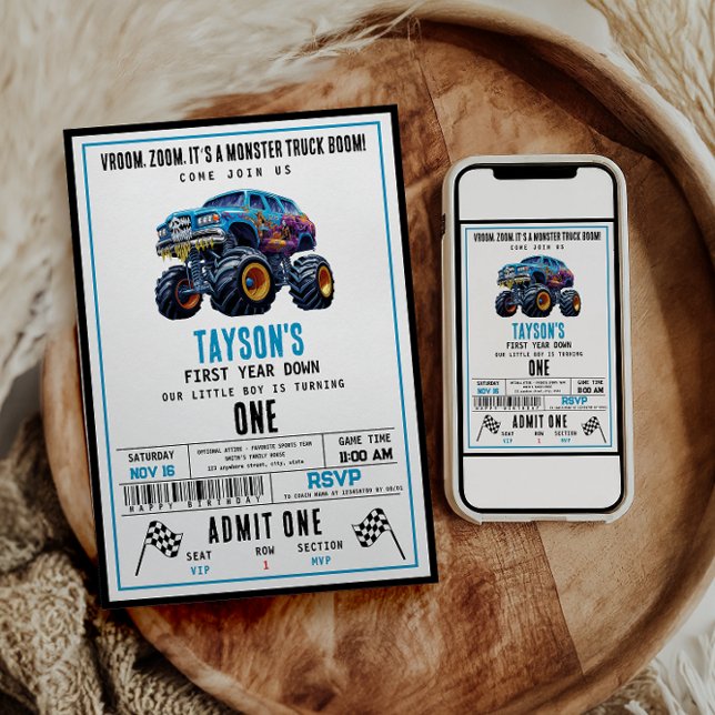 Invitation Vroom Zoom Monster Camion Boom | 1ère fête d'anniv (Créateur téléchargé)