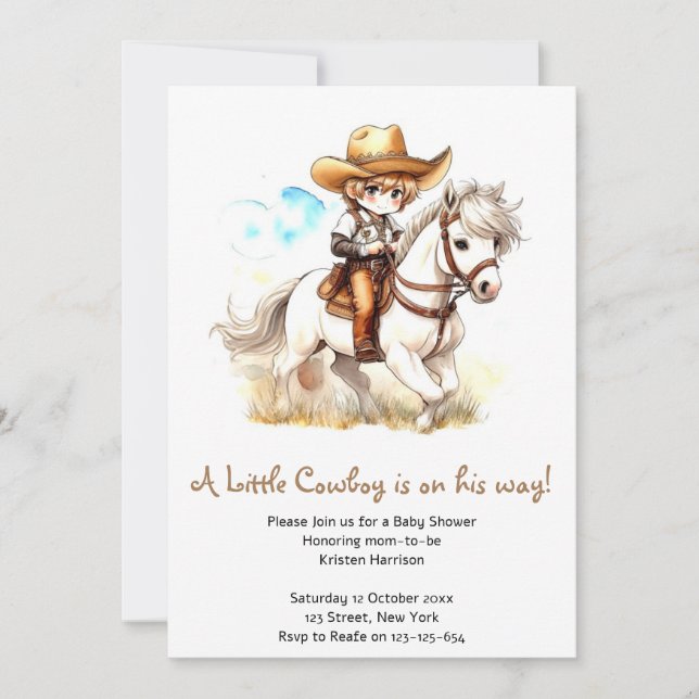 Invitation Vue de l'Ouest : Baby shower rustique de Cowboy (Devant)