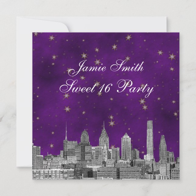 Invitation Vue de Philadelphie Étoile Violette Or Douce 16 (Devant)