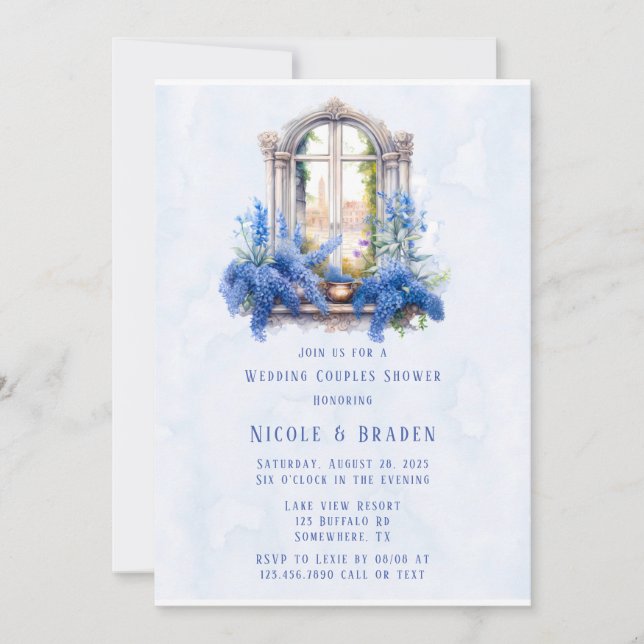 Invitation Vue Eglise Bleu Floral Mariage Couples Douche (Devant)