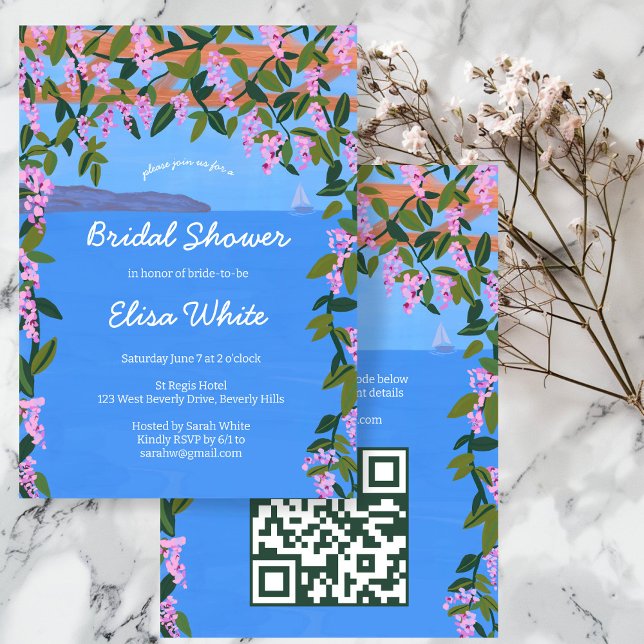 Invitation Vue mer Wisteria Elégante Fête des mariées CUSTOM  (Sea View Wisteria Vines Floral Sailboat Elegant Bridal Shower CUSTOM QR Code Party Invitation
)