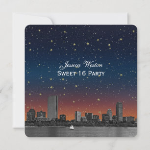 Invitation Vue sur Boston Bleue Étoilée Gravée Sweet 16