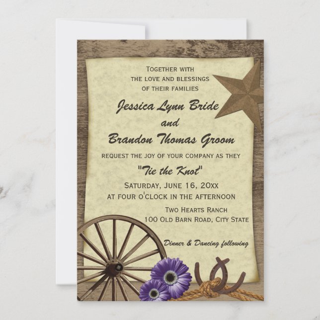Invitation Wagon Wheel et Mariage campagnard en bois de grang (Devant)