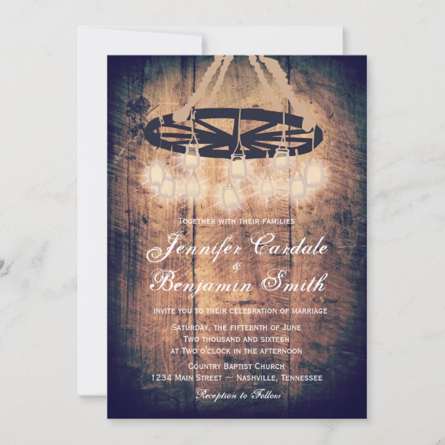 Invitation Wagon Wheel Mason Jar Chandelier Mariage Invite (Devant)