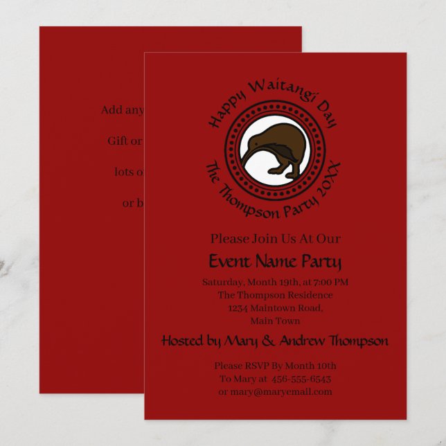 Invitation Waitangi Day peut modifier le texte Nouvelle-Zélan (Devant / Derrière)