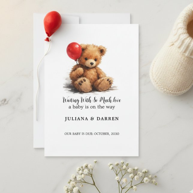 Invitation Waiting With So Much Love Teddy Bear & Red Balloon (Créateur téléchargé)